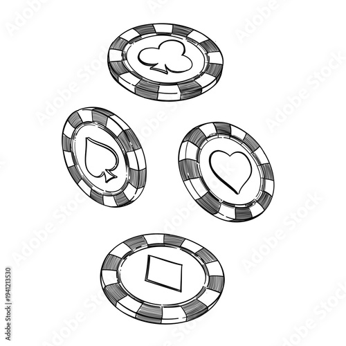 casino chips set gambling vector line art hand drawn illustration