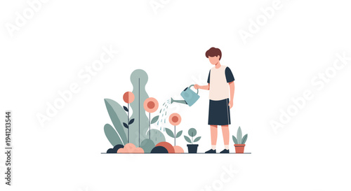 A diligent young boy with brown hair is carefully watering a vibrant garden filled with various plants and colorful flowers, Generative AI.