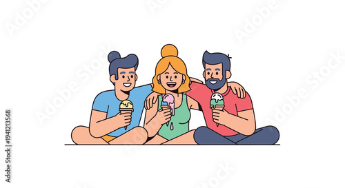 Three cheerful cartoon friends two men and a woman are sitting cross-legged together each enjoying a scoop of ice cream in a cone, Generative AI.