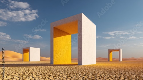Abstract arches against a desert landscape