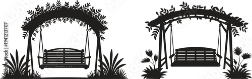 Garden swing silhouette under wooden pergola with climbing plants and flowers, decorative outdoor bench vector illustration for park landscape design and backyard decoration