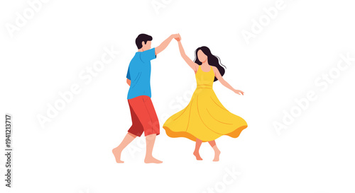 A barefoot couple is joyfully dancing with the man holding the woman's hand as she twirls in a flowing yellow dress against a white background, Generative AI.