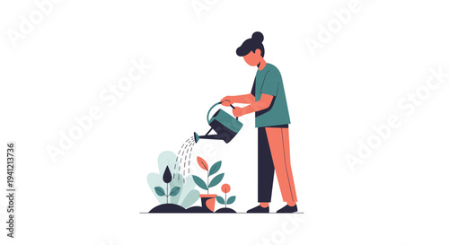 A person with a bun and a teal shirt is watering three plants one potted and two in the ground with a green watering can, Generative AI.