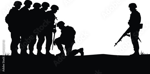 Soldier tribute silhouette illustration, military respect ceremony, fallen comrade remembrance, army unity, patriotic honor, defense forces, camaraderie, mourning, discipline