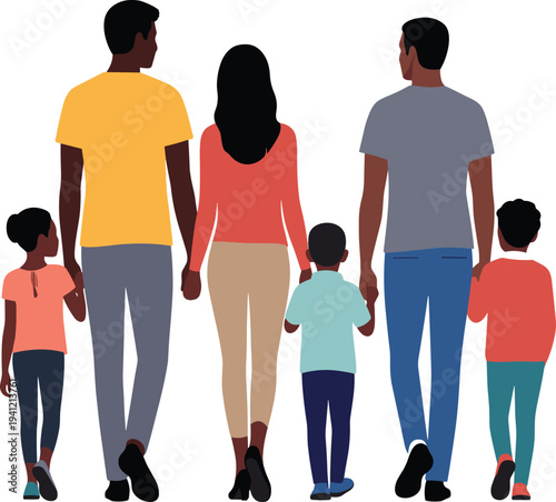 Happy family walking together from back view with parents and children, flat vector illustration representing parenting, love, support, togetherness and family lifestyle concept