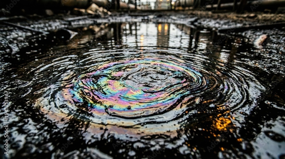 Obraz premium Close-up iridescent oil slick puddle on wet urban street with colorful rainbow sheen for background and texture design
