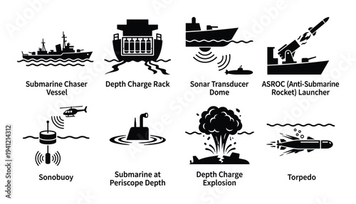 Anti submarine warfare equipment and naval combat icons set