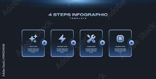 Dark Tech Infographic Template with Black Neon Blue Gradient, 4 Step Timeline Journey Process Diagram, Vector Infographic Elements with Thin Line Square Design and Icons for Business Presentation