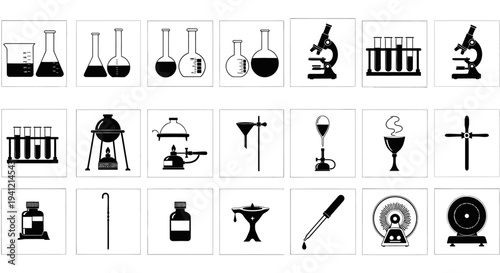 Laboratory equipment and scientific tools icons set including beakers microscopes test tubes and more on white background