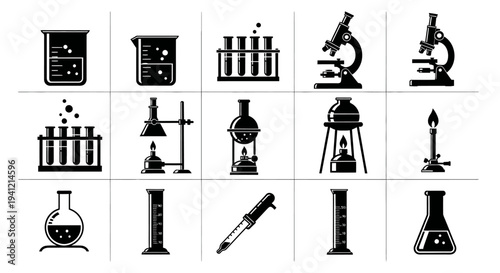 Collection of black and white laboratory equipment icons including microscopes beakers test tubes and science tools on a white background for research and education purposes