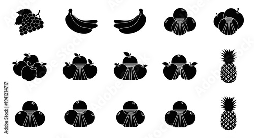 Collection of fruit icons including apples bananas grapes pineapples and pears on white background