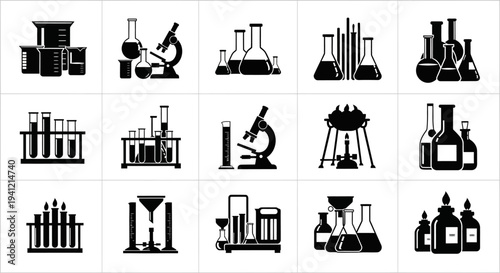 Collection of black laboratory icons including beakers microscopes and test tubes on white background for science and research themes