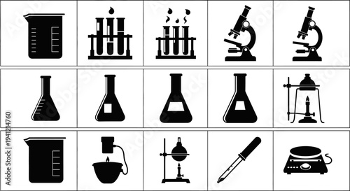 Black laboratory equipment icons set including beakers flasks microscopes and test tubes on white background for science and research themes
