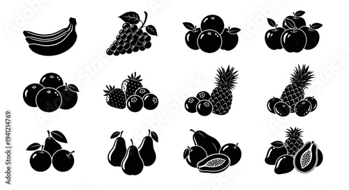 Collection of various fruit icons in black silhouette on white background for design and illustration
