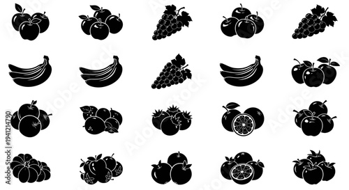 Collection of various fruit icons in black silhouette on white background including apples bananas grapes and more for design and culinary use