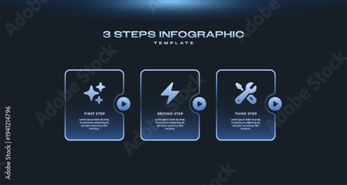 Dark Tech Infographic Template with Black Neon Blue Gradient, 3 Step Timeline Journey Process Diagram, Vector Infographic Elements with Thin Line Square Design and Icons for Business Presentation
