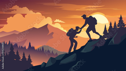 Hikers helping each other climb mountain at sunset. Teamwork and adventure concept vector.