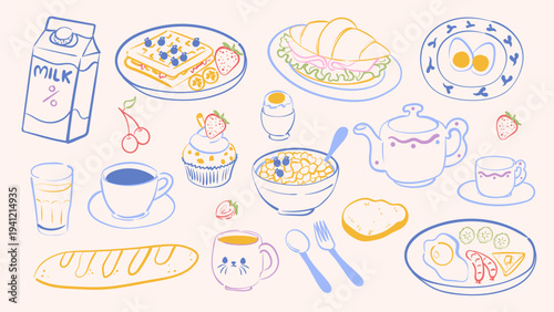 Colorful breakfast food doodle set with milk, coffee, sandwich, croissant, eggs, bread, cereal, pancakes, fruit and drinks. Hand drawn line illustration collection for menu, packaging, poster and food