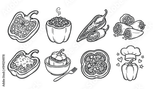 Creative illustrations of stuffed bell peppers and jalapenos with diverse fillings