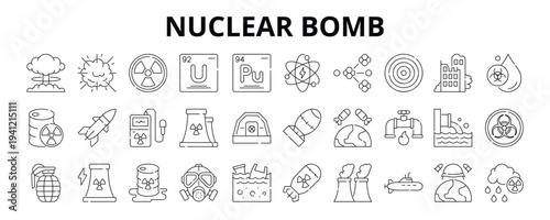 30 Nuclear Bomb Line Banner Web Icon Set Vector Illustration 