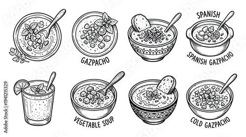 Gazpacho and vegetable soup bowl collection in hand drawn engraving style for healthy eating design