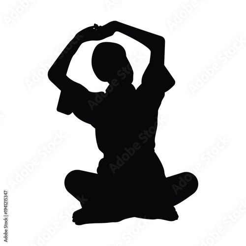 Woman yoga meditation silhouette sitting pose with heart hands isolated on transparent background.