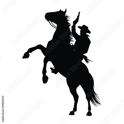 Cowboy riding horse silhouette vector isolated on transparent background. Western rider illustration.