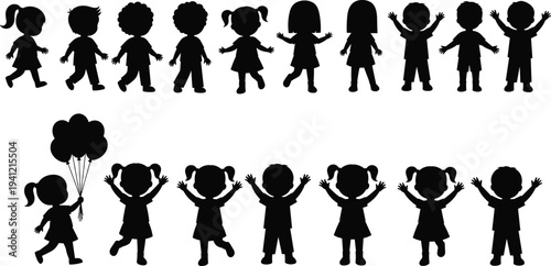 Children silhouettes collection, happy kids playing jumping poses, boy and girl child figures, playful childhood vector illustration set