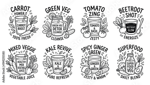 Healthy vegetable juice and detox smoothie labels with hand drawn sketches of fresh produce