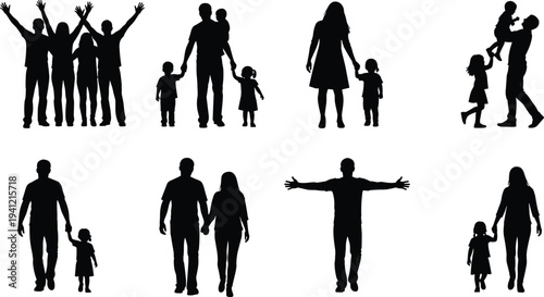 Family silhouettes collection, parents with children walking playing poses, happy family bonding concept, people shadow vector illustration