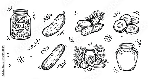 Pickles and cucumbers set in doodle style, hand-drawn vector illustration for food packaging