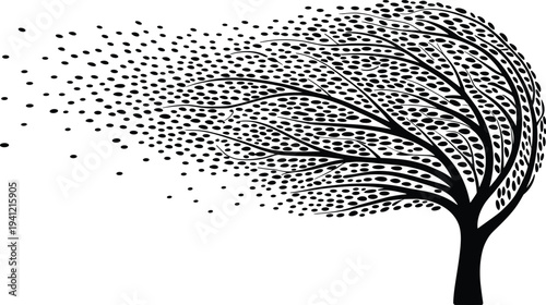 Abstract tree silhouette with flying leaves, windy nature concept, artistic foliage design, seasonal change illustration, eco environment symbol