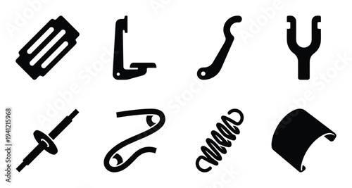 Set of black silhouettes of different industrial machine springs and parts on transparent background