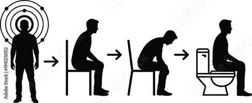 Human digestion process concept, man stomach problem sequence, sitting and toilet steps illustration, digestive system discomfort vector icon set