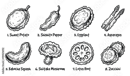 Set of eight hand drawn fried vegetables for tempura isolated on transparent background