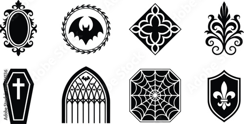 Gothic ornament symbols collection, medieval decorative elements set, bat spider web cross shield vintage heraldic design illustration