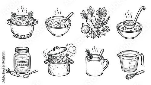 Set of eight hand drawn homemade soup and broth cooking elements isolated on transparent background