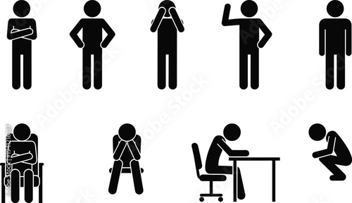 Human stress and sadness icons set, depressed people poses, mental health problems concept, anxiety emotion silhouette vector illustration