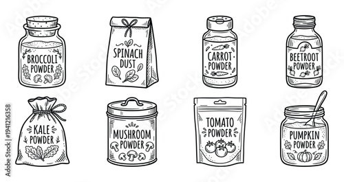 Set of hand drawn vegetable powders in glass jars and bags in sketchy style