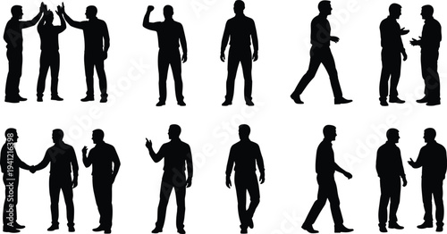 Men silhouettes interaction set, handshake conversation walking poses, business communication teamwork gestures, male people shadow vector illustration