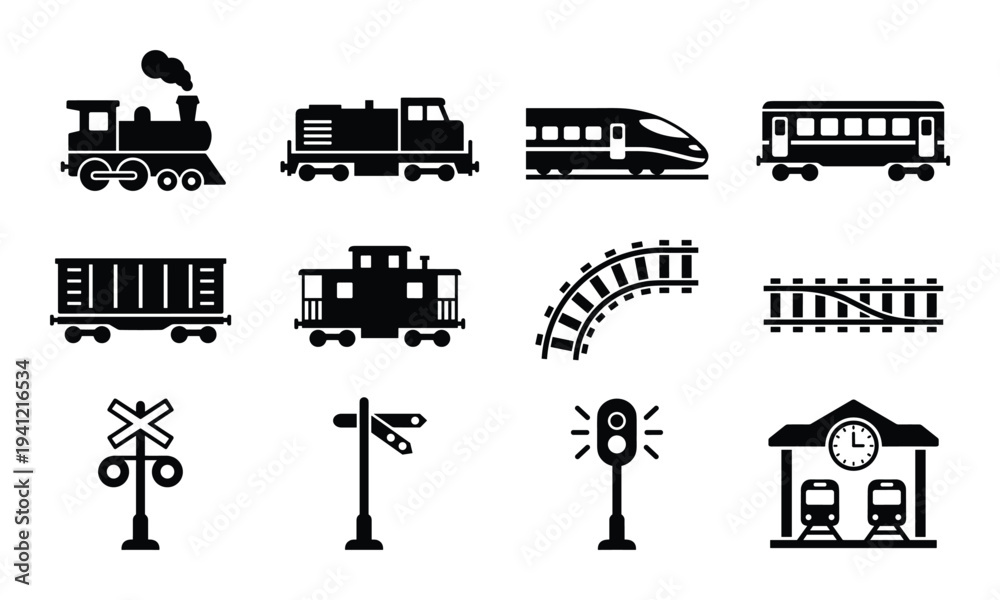 Naklejka premium Set of various black train icons and elements on transparent background