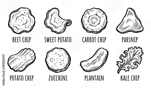Set of vegetable chips hand drawn sketch in doodle style, beet, sweet potato, carrot, parsnip, potato, zucchini, plantain, kale chips