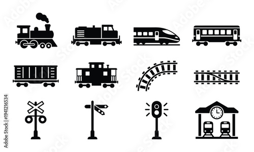 Set of various black train icons and elements on transparent background