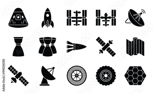 Space exploration and aerospace technology icons including satellites rockets and station components