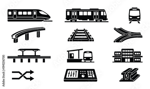 Train and railway black icons set, high speed rail, train station, and rail track symbols