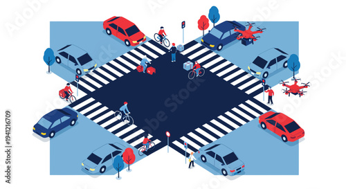 Busy City Intersection with Cars and Pedestrians.