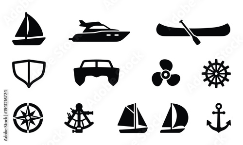 Various black silhouette icons for marine and nautical themes, featuring boats, anchors, and navigation tools