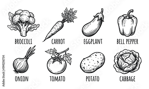 Vegetable collection of various garden produce with labels for farmers market