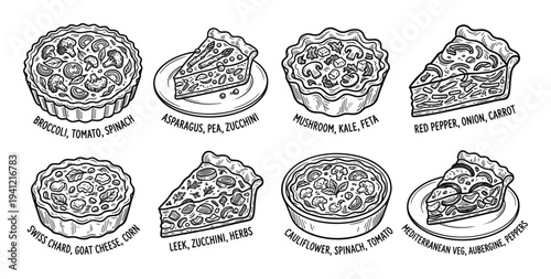 Vegetable quiche collection with various healthy ingredients in hand drawn engraving style