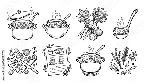 Vegetable soup cooking process illustrations with pot recipe list and fresh ingredients